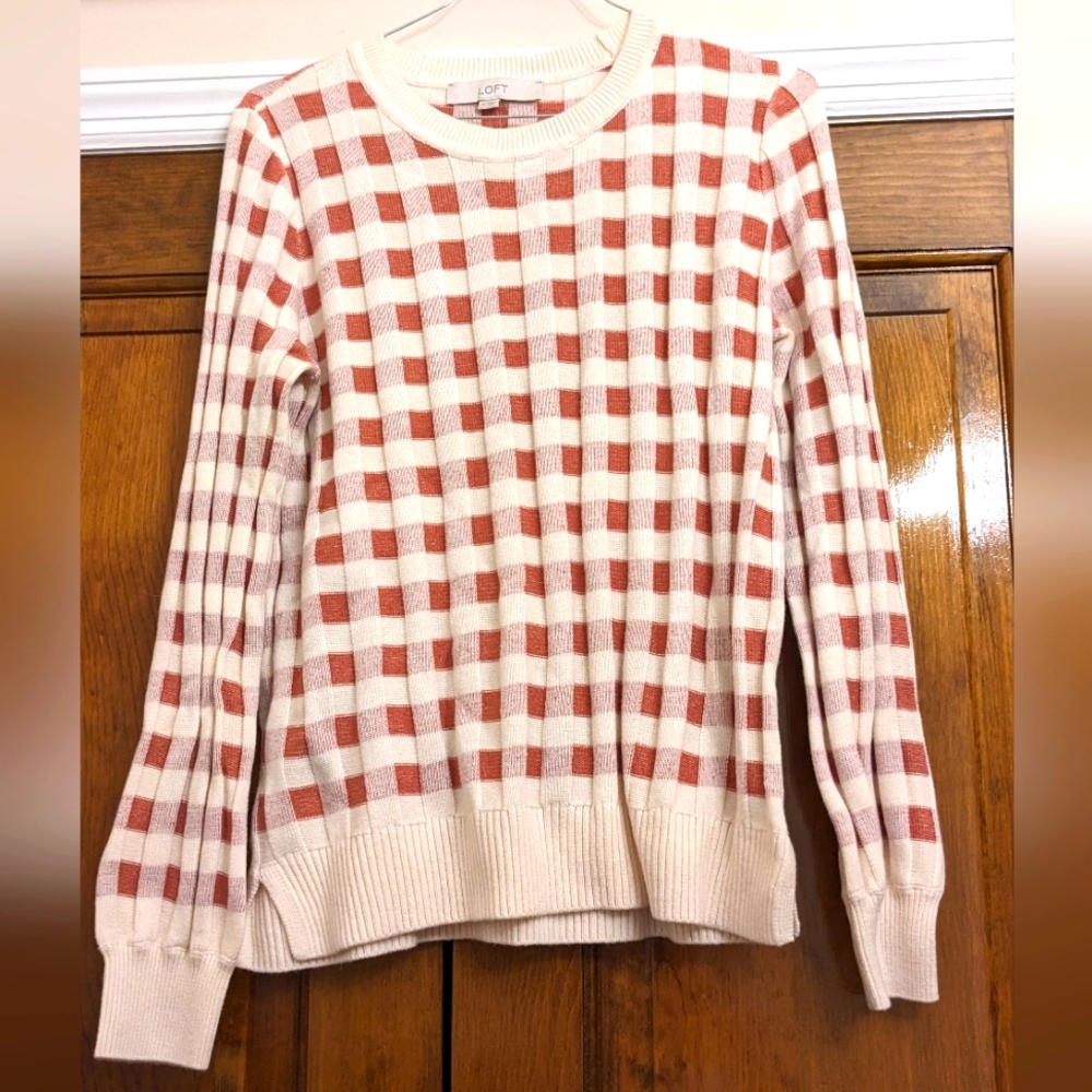 Women's Loft size Medium, brown and white squared sweater shirt